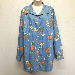 Lands End Button Shirt Top Womens Plus 26W Blue Floral No Iron Long Sleeve